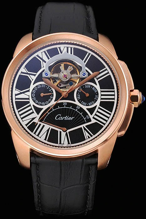 Cartier Calibre Tourbillon Black Dial Gold Case Black Leather Strap new120725
