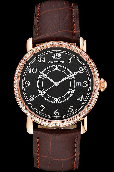Cartier Ronde Solo Black Dial Diamond Bezel Rose Gold Case Brown Leather Strap new122584