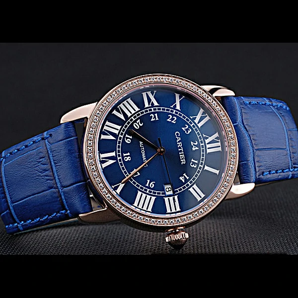 Cartier Ronde Solo Gold Diamond Case Blue Dial Roman Numerals new60105