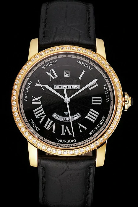 Cartier Rotonde Annual Calendar Black Dial Diamond Bezel Gold Case Black Leather Strap new122739