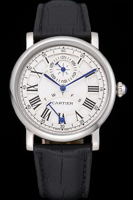 Cartier Rotonde White Dial Stainless Steel Case Black Leather Strap new120735