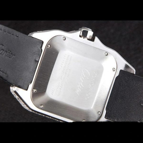 Cartier Santos Silver Bezel with Diamonds and Black Leather Strap new59624