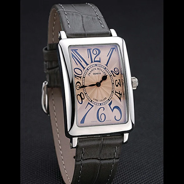 Franck Muller Long Island Classic Gold Dial Silver Case Black Leather Band new60261