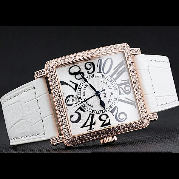 Franck Muller Master Square White Dial Diamonds Case White Leather Band new60256