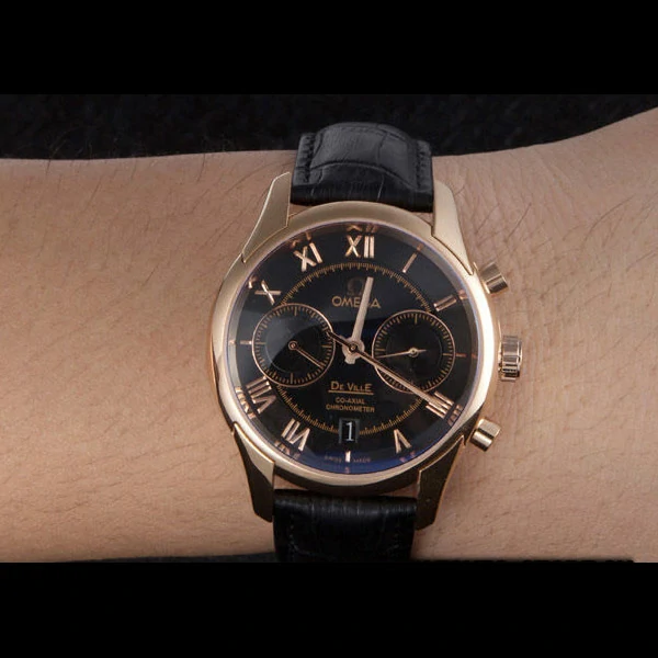 Omega DeVille Rose Gold Bezel with Black Dial and Black Leather Strap new59659