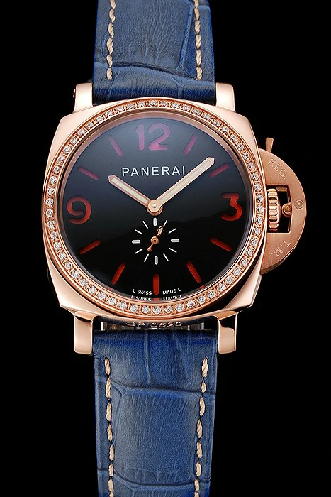 Panerai Radiomir Black Dial Diamond Bezel Rose Gold Case Blue Leather Strap new123905