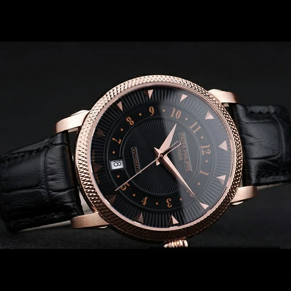Patek Philippe Calatrava Ribbed Bezel Black Dial Black Leather Strap new59016