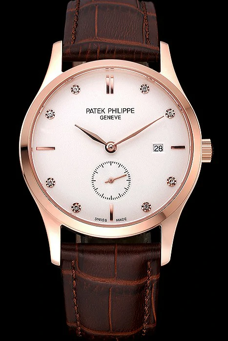 Patek Philippe Calatrava White Dial Diamond Numerals Rose Gold Case Brown Leather Strap new120819