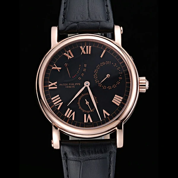 Patek Philippe Geneve Complications Black Dial Rose Gold Bezel Black Leather Band new60042