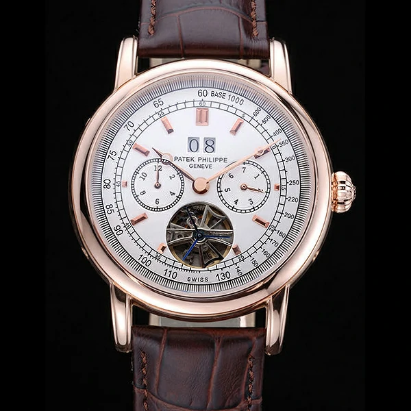 Patek Philippe Geneve Grand Complications White Dial Tourbillon Rose Gold Bezel Brown Band new60054