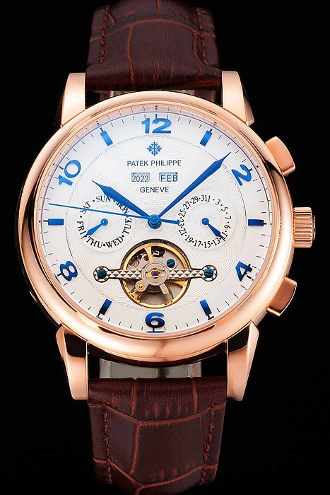 Patek Philippe Perpetual Calendar Tourbillon White Dial Rose Gold Case Brown Leather Strap new121088