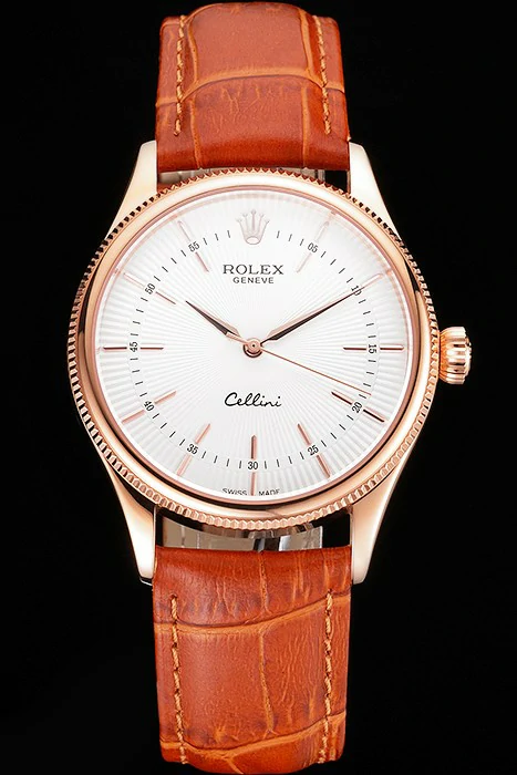 Rolex Cellini White Dial Rose Gold Case Brown Leather Strap new121612