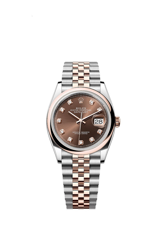 Rolex Replica Watch Datejust 36, Oystersteel and 18k Everose Gold, Chocolate sunray set with 10 diamonds dial, Domed Jubilee, 126201-0053