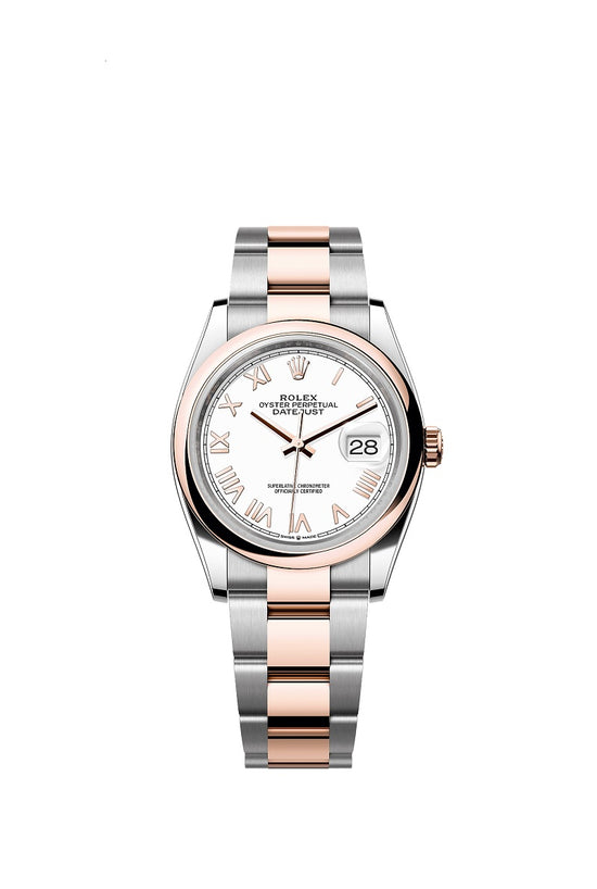 Rolex Replica Watch Datejust 36, Oystersteel and 18k Everose Gold, Intense White Roman dial, Domed Oyster, 126201-0046
