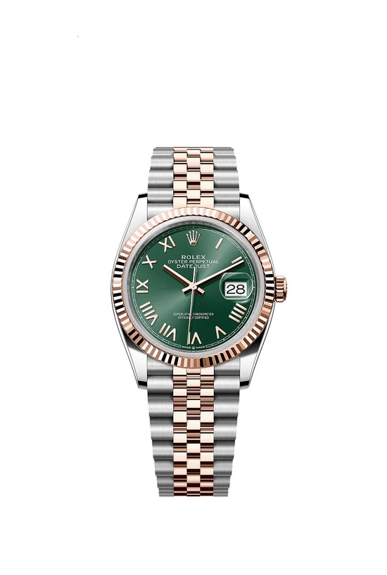 Rolex Replica Watch Datejust 36, Oystersteel and 18k Everose Gold, Mint green sunray Roman dial, Fluted Jubilee, 126231-0051