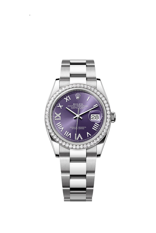 Rolex Replica Watch Datejust 36, Oystersteel and 18k White Gold, Aubergine set with diamonds dial, Diamond-set bezel Oyster, 126284rbr-0056