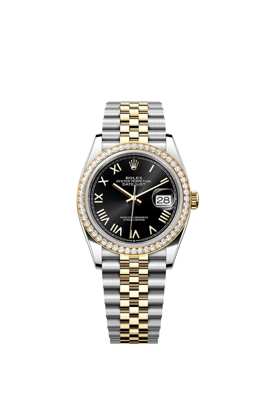 Rolex Replica Watch Datejust 36, Oystersteel and 18k Yellow Gold, Bright black sunray Roman dial, Diamond-set bezel Jubilee, 126283RBR-0041