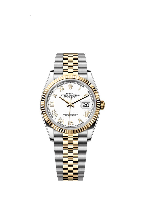 Rolex Replica Watch Datejust 36, Oystersteel and 18k Yellow Gold, Intense White Roman dial, Fluted Jubilee, 126233-0047