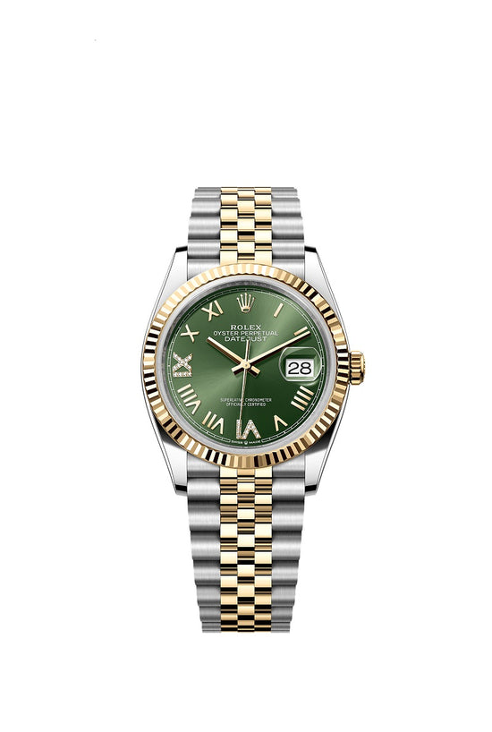 Rolex Replica Watch Datejust 36, Oystersteel and 18k Yellow Gold, Olive green sunray set with Diamonds dial, Fluted Jubilee, 126233-0049