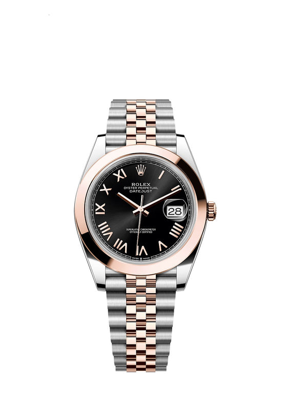 Rolex Replica Watch Datejust 41, Oystersteel and 18k Everose Gold, Bright black sunray Roman dial, Smooth Jubilee, 126301-0024