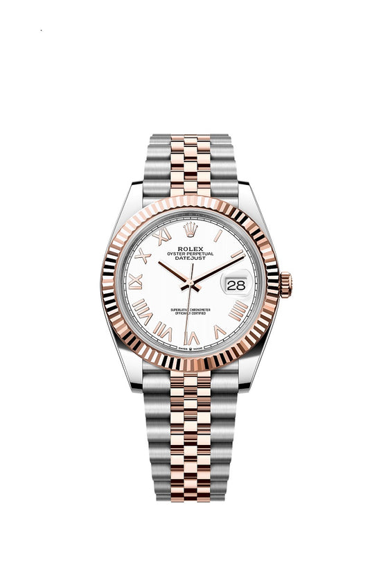 Rolex Replica Watch Datejust 41, Oystersteel and 18k Everose Gold, Intense White Roman dial, Fluted Jubilee, 126331-0026