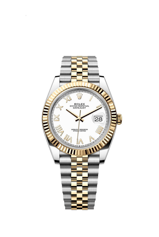 Rolex Replica Watch Datejust 41, Oystersteel and 18k Yellow Gold, Intense White Roman dial, Fluted Jubilee, 126333-0026