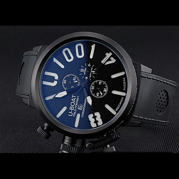 U Boat 1001 White On Black Dial Black Steel Case Black Leather Bracelet new60643